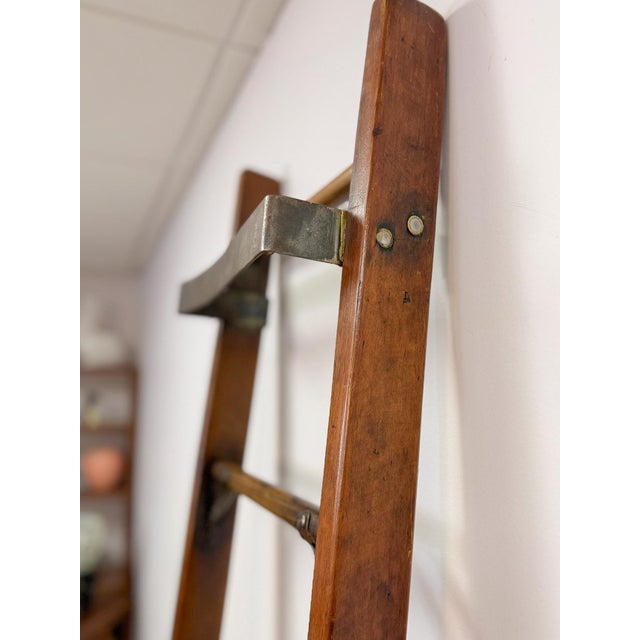 Brown Antique Wood Metal Library Ladder 7 Rung Rolling Bookcase Ladder 82" For Sale - Image 8 of 9