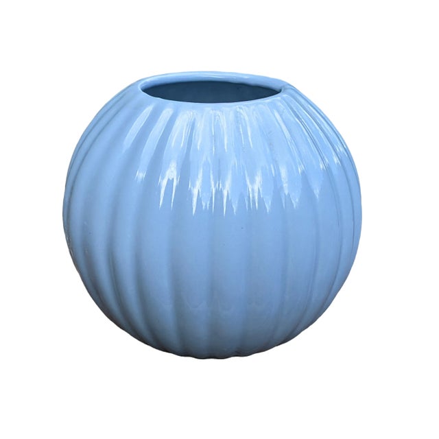 1980s Postmodern Royal Haeger Blue Ceramic Orb Vase For Sale - Image 5 of 12