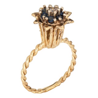 1960s Sapphire Diamond Tulip Ring Vintage 14k Yellow Gold Stacking Band Estate Jewelry, Size 5.75 For Sale
