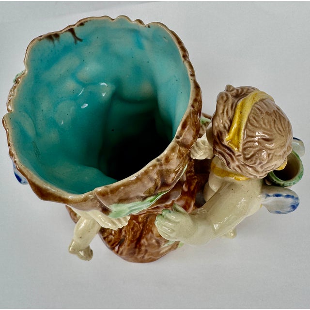 English Majolica Putti Spill Vase, Faux Bois, 19th Century For Sale - Image 11 of 14