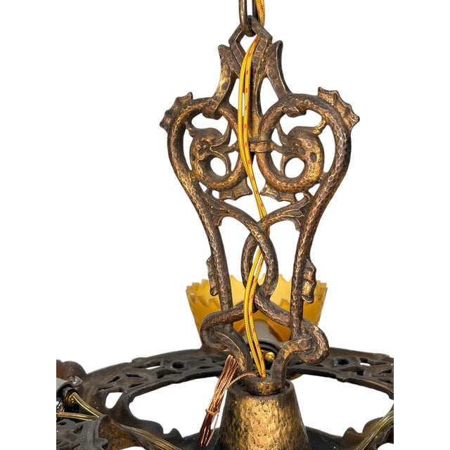 1930s 5 Light Spanish Revival With Amber Orange Glass Shades With Original Finish For Sale - Image 4 of 11