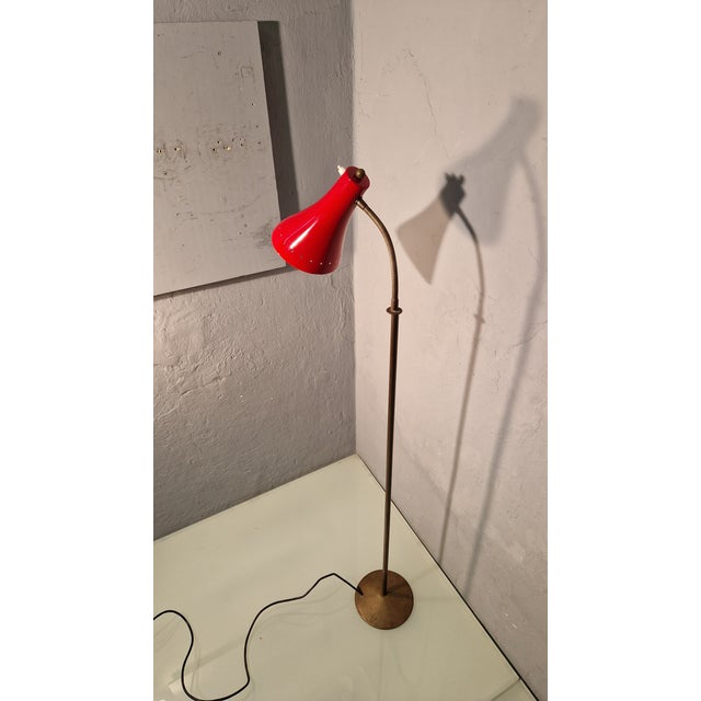 Metal Brass Reading Lamp with Red Cone and Handle, 1950s For Sale - Image 7 of 17