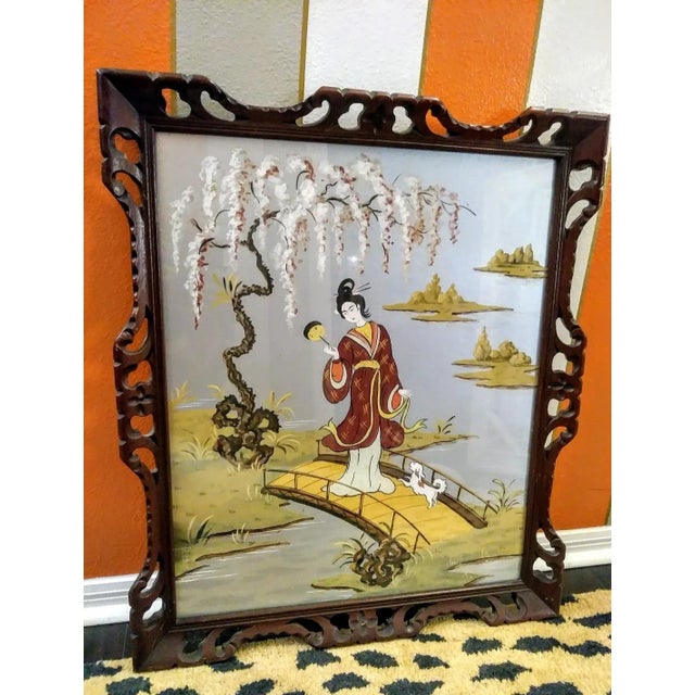 Vintage Chinoiserie Geisha Asian Painting in Vintage Fretwork Mahogany Wood Frame For Sale In West Palm - Image 6 of 6