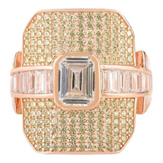 Rose Gold Plated Art Deco Ring With Emerald Cut & Baguette Cubic Zirconia - Size 8 For Sale