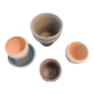Set of 7 Garden Decor Clay Assorted Planters With Glass Saucers For Sale