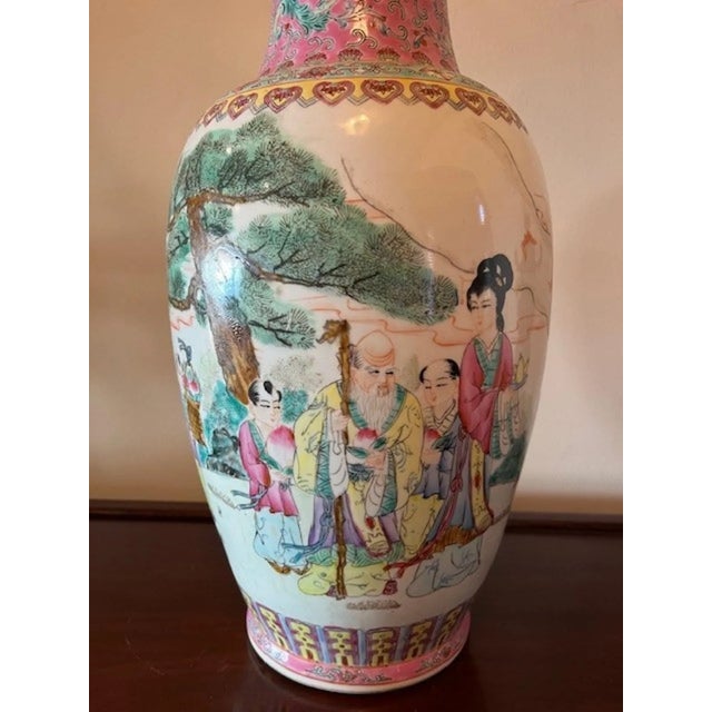 Rose Stunning Matched Pair of 20-Inch Chinese Famille Rose Porcelain Vases For Sale - Image 8 of 18