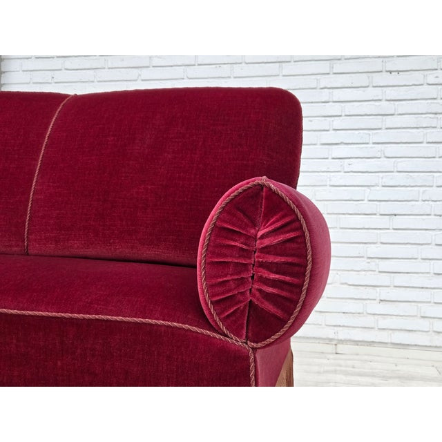 1950s Danish 2-Seater Drop Arm and Back Sofa in Cherry-Red Velour, 1950s For Sale - Image 5 of 18