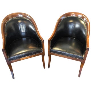 Pair of Black Leather & Mahogany Club/ Barrel, Side Chairs by Schmieg & Kotzian For Sale