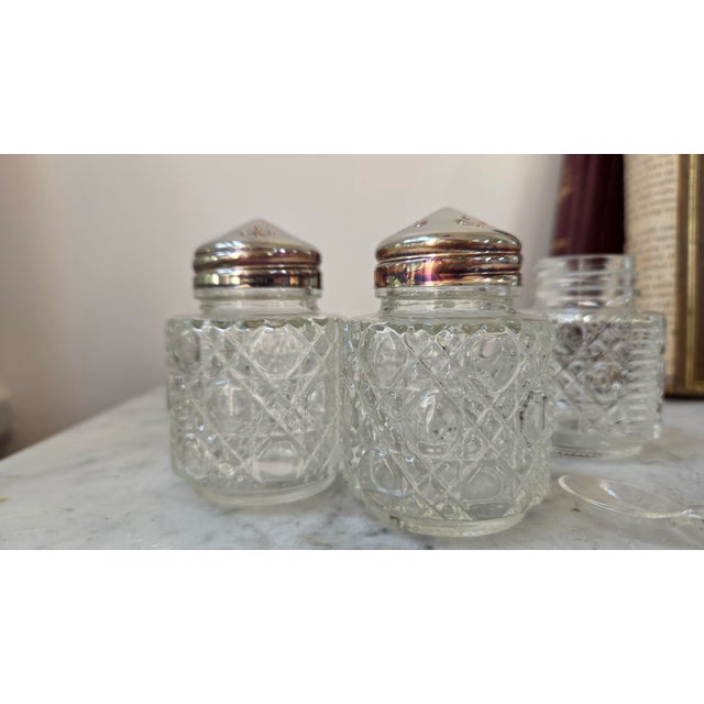 Vintage Patterned Glass and Silver-Plated Condiment Set With Lucite Spoon For Sale - Image 14 of 17