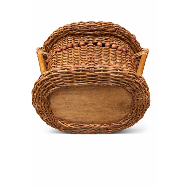 Vintage 1970s Honey-Toned Wicker Basket With Wood Bead Detail & Sculptural Handles For Sale - Image 4 of 9