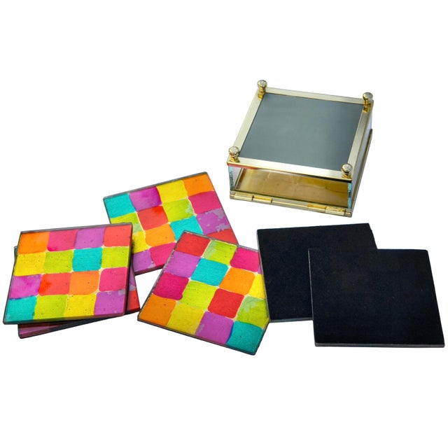 Yellow Mid 20th Century Handmade Colorful Glass Coasters With Footed Box Set- 7 Pieces For Sale - Image 8 of 8