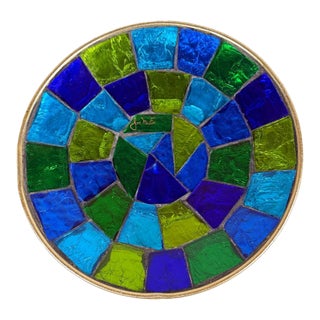 Mid-Century Jon Matin Mosaic Blue & Green Foil Glass Catchall Bowl For Sale