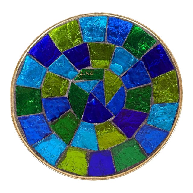 Mid-Century Jon Matin Mosaic Blue & Green Foil Glass Catchall Bowl For Sale