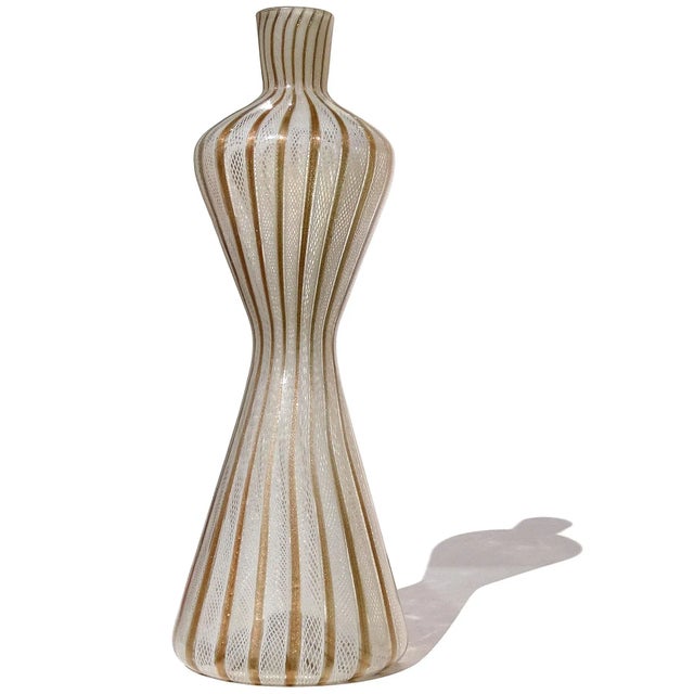 Beautiful and tall, vintage Murano hand blown white Zanfirico ribbons and copper aventurine flecks Italian art glass...