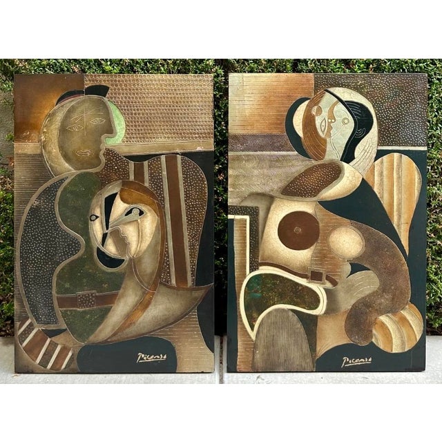 Pair Mid-Century Picasso-Style Carved & Gilded Wood Panels Attributed to Enrico Baj For Sale - Image 11 of 18