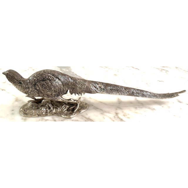 Pair of Large Silverplated Bronze Pheasant Table Ornaments/Sculptures Italy, Circa 1960s A striking pair of large silver-...