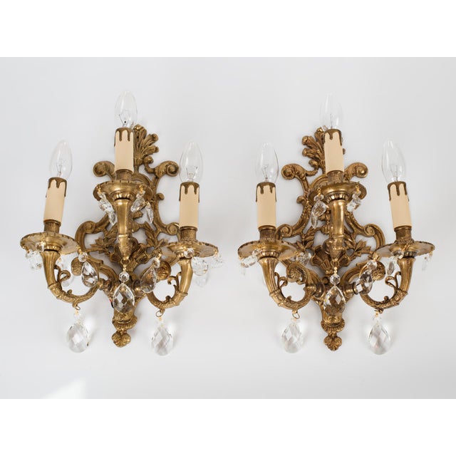 1950s Spanish Rococo Sand-Cast Brass 3-Light Sconces With Crystals - A Pair For Sale - Image 4 of 12