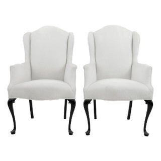 Pair of Queen Anne Style Boucle Wingback Chairs For Sale