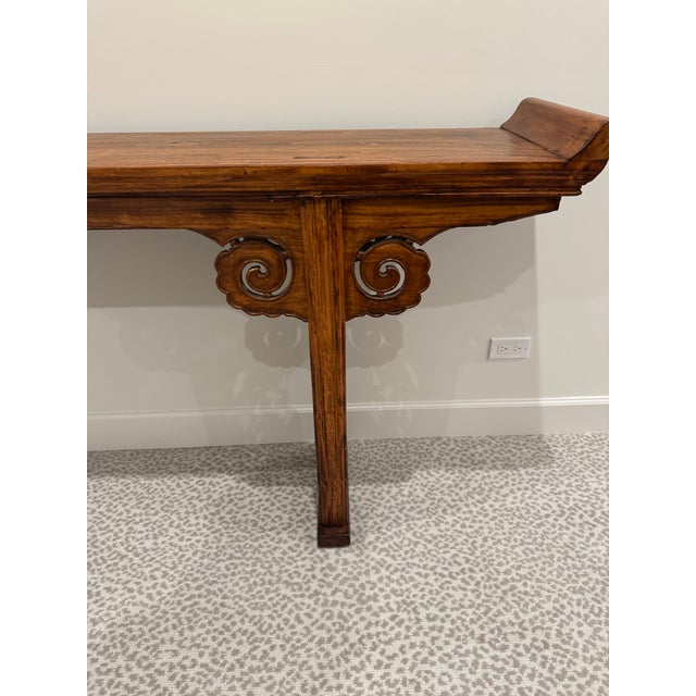 Wood Hand-Carved Chinese Elm Altar Console Table - Cloud Scroll Carvings - Early 20th Century For Sale - Image 7 of 11