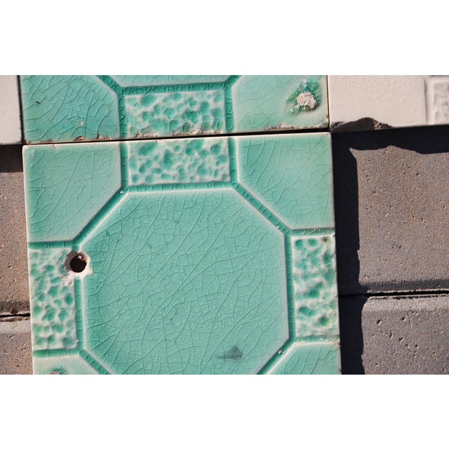 Art Deco Set of Seven Large Portuguese Glazed Tiles Mint Green & White Geometric Design c.1910s For Sale - Image 11 of 13
