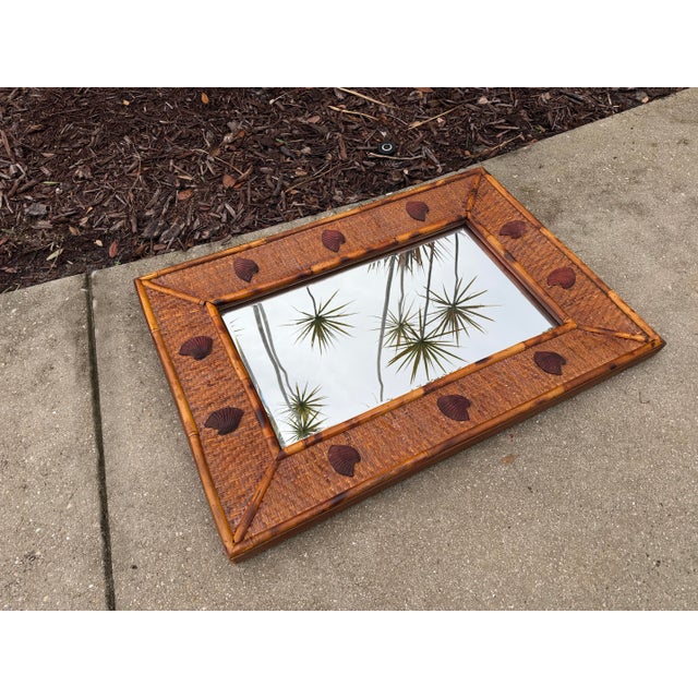 Late 20th Century Vintage Bassett Coastal Burnt Bamboo, Rattan & Shell Wall Mirror For Sale - Image 5 of 9