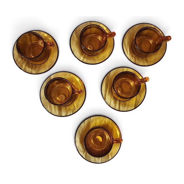 Glass Set 6 Mid Century Amber Glass Demitasse Cups Saucers ~ F&p Lavorazione a Mano For Sale - Image 7 of 7