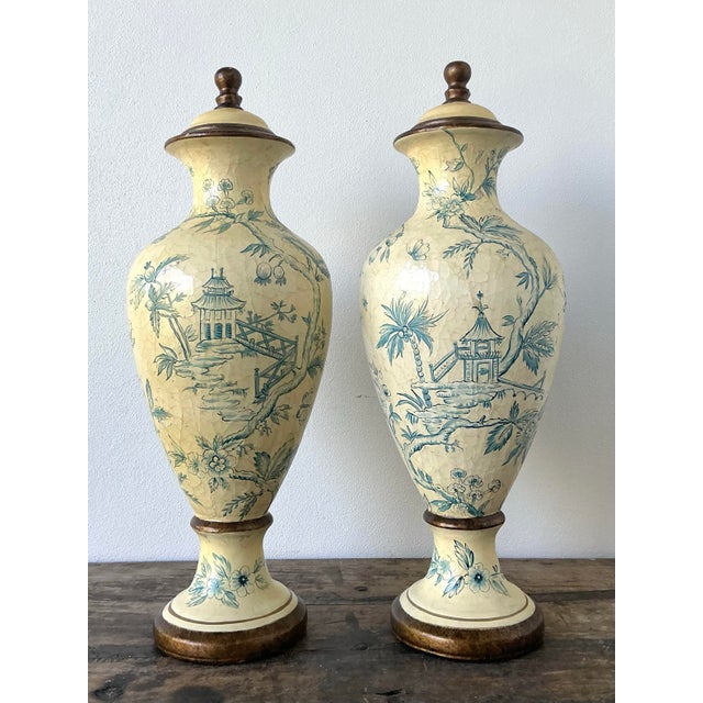 Vintage Crackle Finish Blue Willow Urns - A Pair For Sale - Image 10 of 12