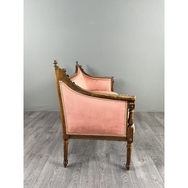 Pink 20th Century Louis XVI Style Sofa in Carved Wood and Velvet For Sale - Image 8 of 13