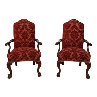 Pair of Ball & Claw Chippendale Style Mahogany Upholstered Armchairs For Sale