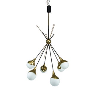 Mid-Century Italian Brass and Opaline Glass Chandelier from Stilnovo, 1950s For Sale