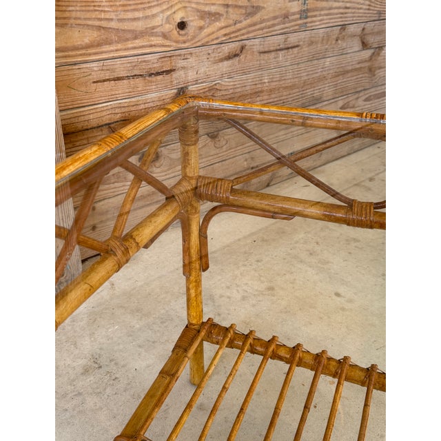 Vintage Rattan and Bamboo Coffee Table With Glass Top and Lower Shelf For Sale - Image 10 of 12