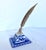 Early 20th Century Antique English Blue & White Transferware Pyramidal Inkwell With French Glass Insert & Quill For Sale - Image 5 of 14