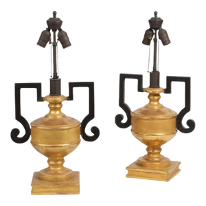 Pair of Hollywood Regency Giltwood & Ebony Urn Form Table Lamps