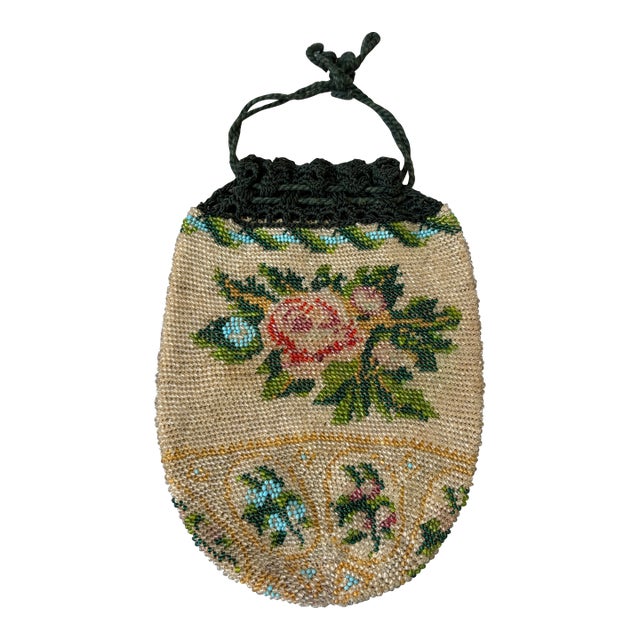 Antique Micro Beaded Floral Drawstring Purse For Sale
