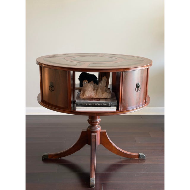 Vintage Mahogany Revolving Drum Library Table With Leather Top Duncan Phyfe Style Rotating Bookcase End Table For Sale - Image 9 of 12