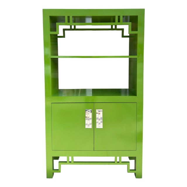 Modern Chartreuse Green Lacquer Bookcase Cabinet Etagere For Sale