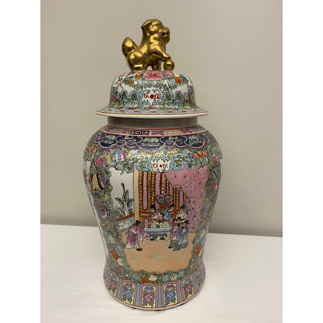 Large Hand-Painted Famille Rose Chinese Temple Jar With Lid For Sale - Image 9 of 9