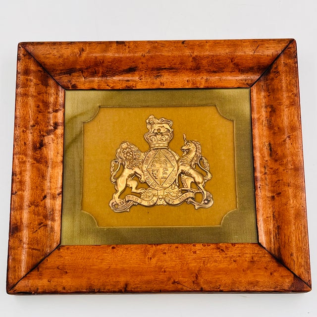 Vintage Framed English Brass Royal Coat of Arms in Burlwood Frame With Green Velvet Mat For Sale In New York - Image 6 of 16