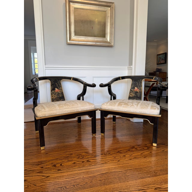 James Mont Late 20th Century Pair of James Mont Style Black Lacquer Horseshoe Chairs For Sale - Image 4 of 11