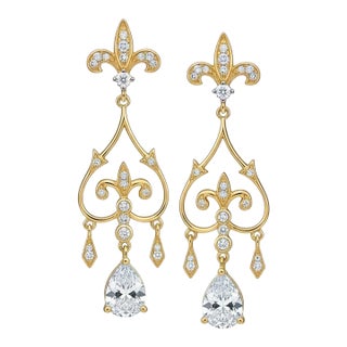Fleur De Lis Chandelier Earrings Studs With Pear Moissanites in Silver, Gold, A Pair For Sale