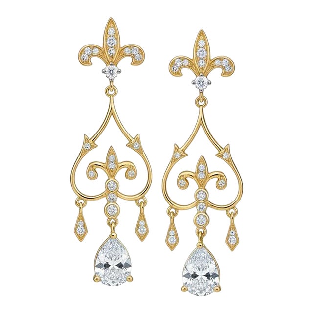 Fleur De Lis Chandelier Earrings Studs With Pear Moissanites in Silver, Gold, A Pair For Sale