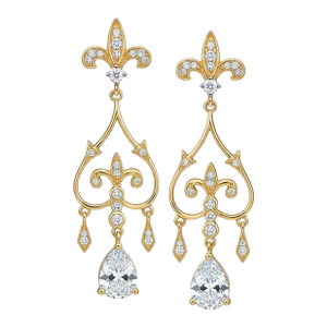 Fleur De Lis Chandelier Earrings Studs With Pear Moissanites in Silver, Gold, A Pair
