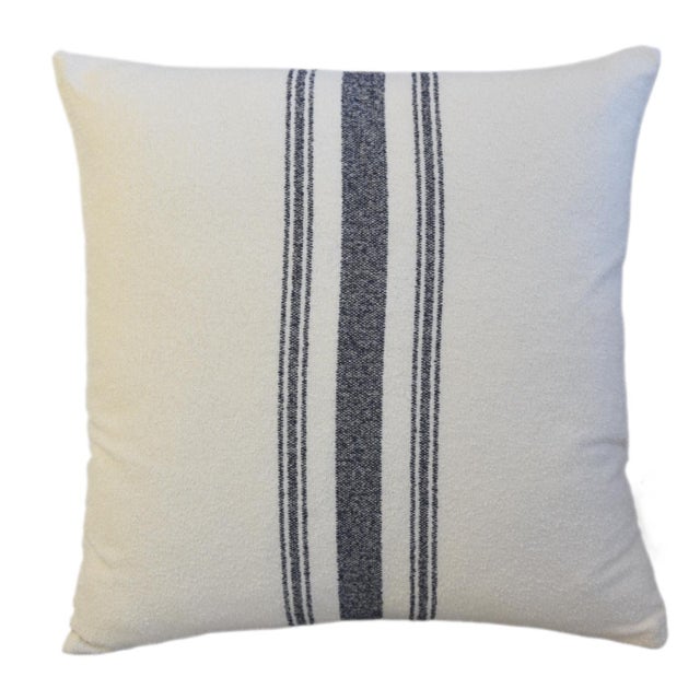 Custom-tailored pillow by Mike Seratt of The Prized Pig, in a French dark navy blue striped woven cotton fabric. Double-...