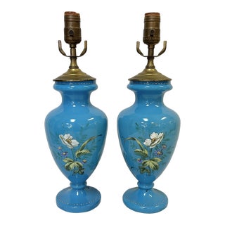 Early 20th Century Blue Bristol Glass Table Lamps With Hand Painted Flower Designs - a Pair For Sale