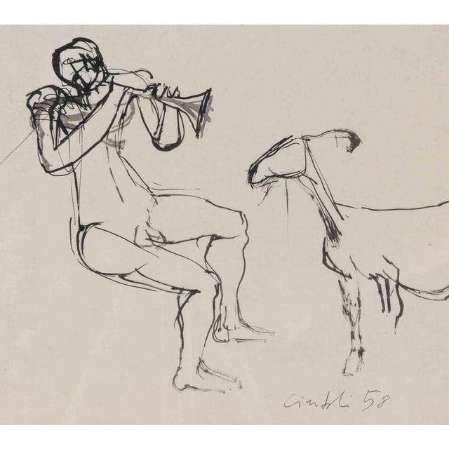 Modern Claudio Cintoli, Sheperd, 1958, Ink Drawing, Framed For Sale - Image 3 of 5
