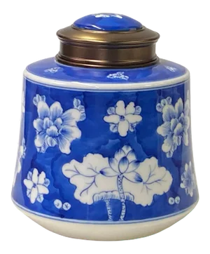 Oriental Handmade Blue White Porcelain Metal Lid Container Urn