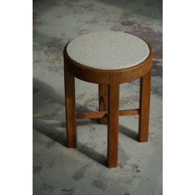 Mid-Century Modern Mid-Century Danish Oak Stool Reupholstered in Bouclé Wool from Rud. Rasmussen, 1950s For Sale - Image 3 of 11