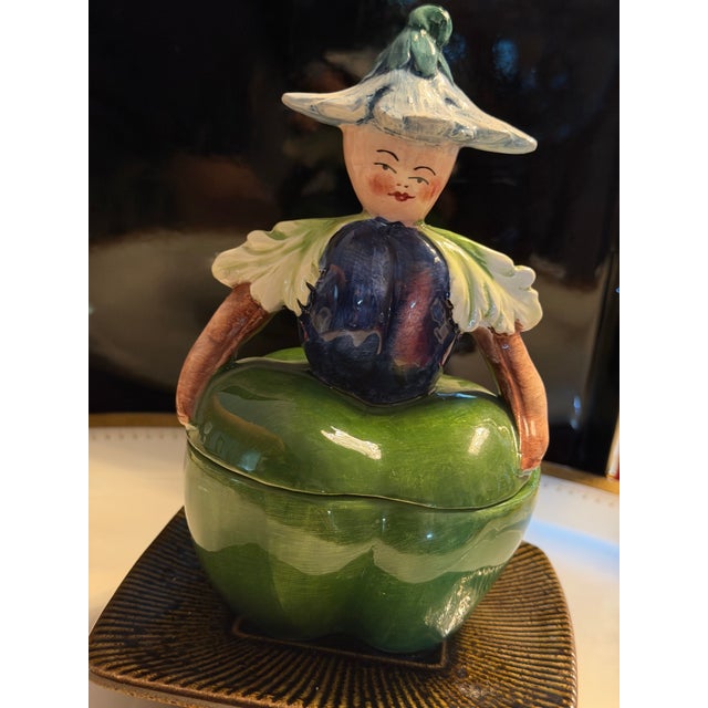 Green 1940s Italian Neiman Marcus Horchow Ceramic Green Pepper Lady Covered Jar For Sale - Image 8 of 12