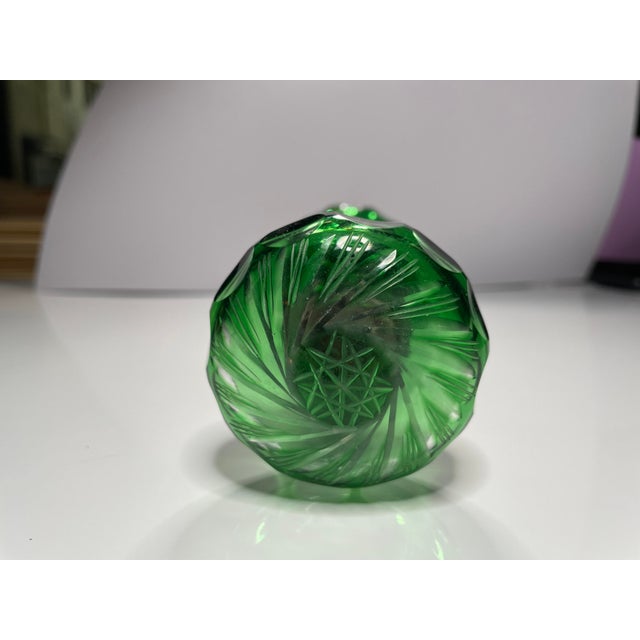 Art Deco Antique/Vintage Bohemian Czech Green Cut Glass Swirl Starburst Door Knobs With Hardware Art Deco For Sale - Image 3 of 4