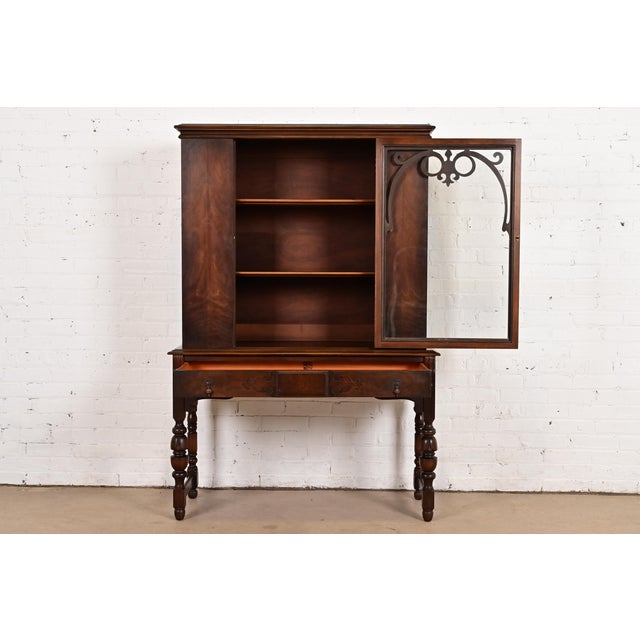1920s Limbert English Jacobean Carved Walnut and Burl Wood Bookcase or Bar Cabinet, Circa 1920s For Sale - Image 5 of 15